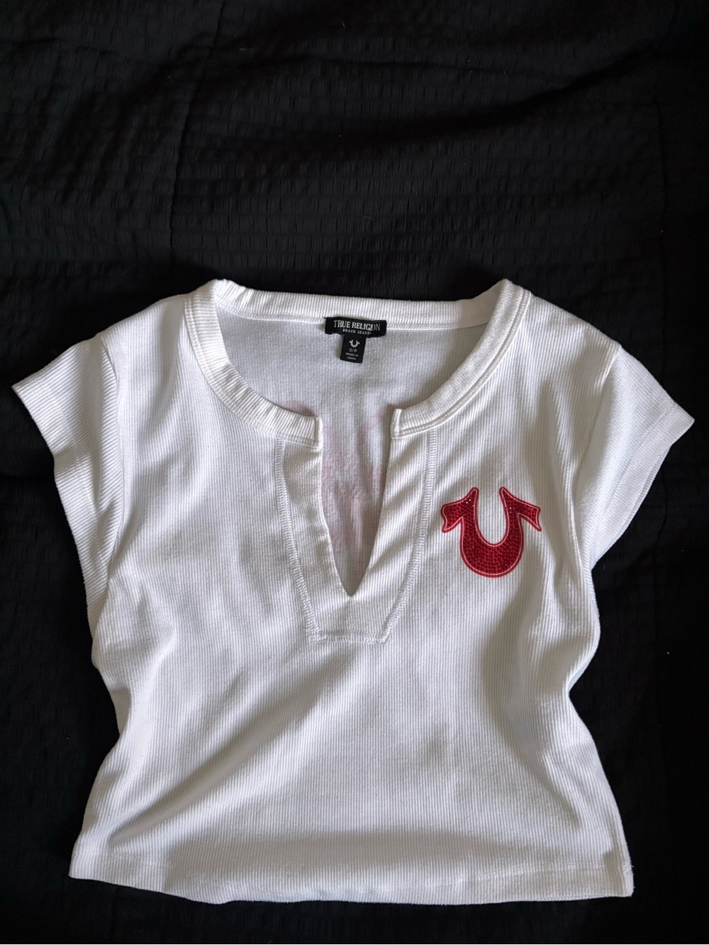 True Religion White Crop Top with Red Horseshoe Logo